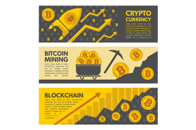 Horizontal banners with illustrations of bitcoin mining industry