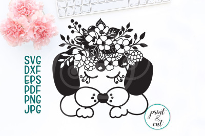 Puppy Dog face closed eyes with flowers for cutting print 