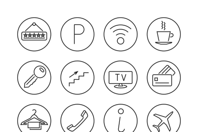 Hotel services line thin vector icons set