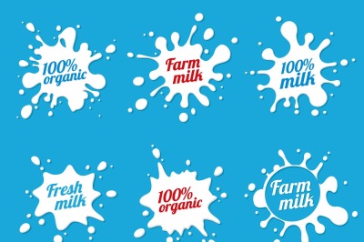 Vector milk emblems or dairy labels with splashes and blots