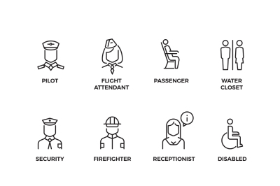 Aviation staff linear vector icons. Pilot&2C; passenger&2C; stewardess&2C; secu