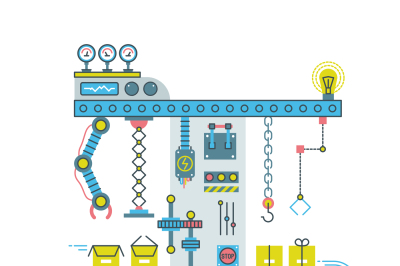 Conveyor robotic system with manipulators. Technlology process vector 