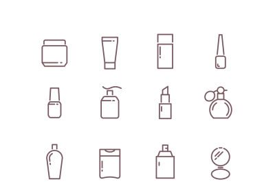 Cosmetic package bottles thin outline vector icons set