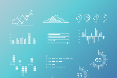 Thin line vector graphs, charts, diagrams with flat elements