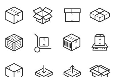 Package line thin icons vector set. Boxes, crates, containers