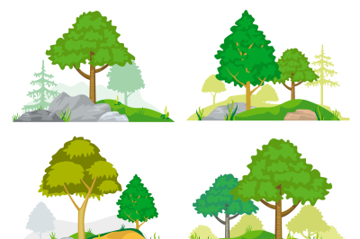 Landscapes with coniferous and deciduous trees, grass or rocks. Vector