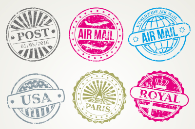 Retro postal stamps mail post office air vector set