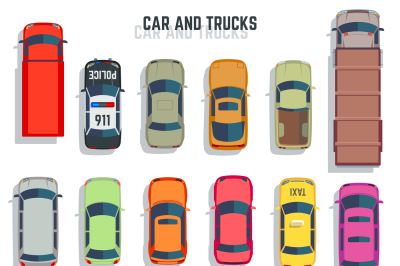 Cars and trucks top view flat vector icons set