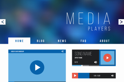 Browser web site page with video player ui interface and navigation. V