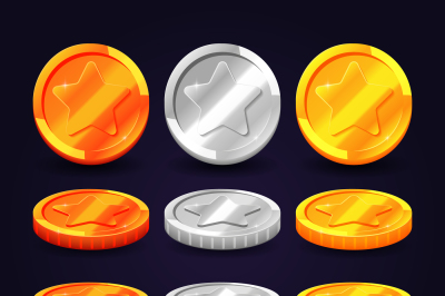 Gold, silver, and copper coins in different positions. Vector elements