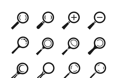Magnifying glass, magnifier, zoom, search find loupe vector icons set