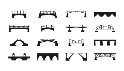 Vector black bridges icons isolated on white urban construction silhou