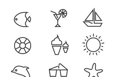 Summer holiday, tropical beach thin line vector icons