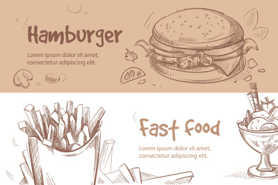 Vector banners of fast food design in hand drawn style