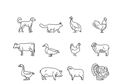 Farm animals vector thin line icons set. Outline cow, pig, chicken, ho