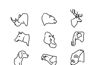 Animal heads vector thin line flat icons