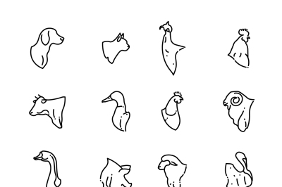 Farm animal and birds heads vector thin line flat icons