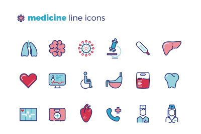 Medicine and medical equipment line vector icons with flat elements