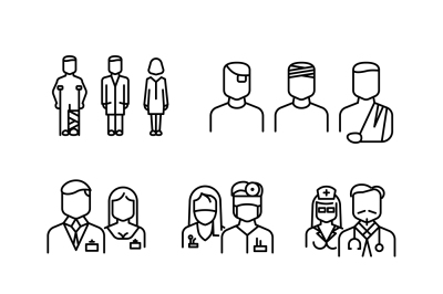 Doctor, patient, nurse thin line icons set