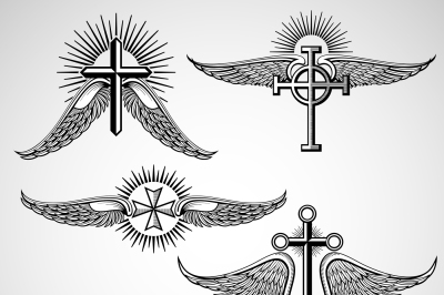Vintage cross and wings tattoo vector elements
