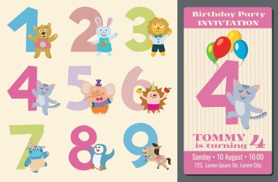 Kids birthday anniversary numbers with cartoon animals vector illustra