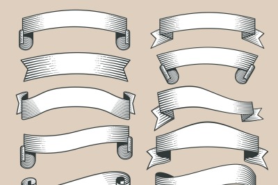 Retro ribbon banners in hand drawn engraving style vector collection