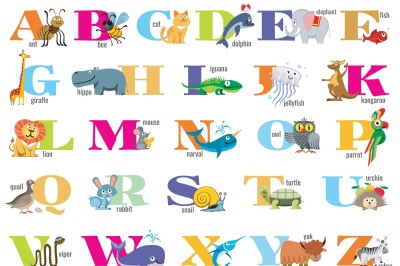 English alphabet for children with cute animals