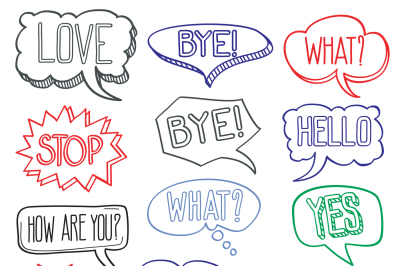 Hand drawn sketch speech bubbles clouds with different messages vector