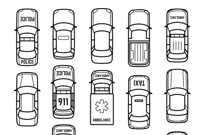 Cars top view thin line vector icons