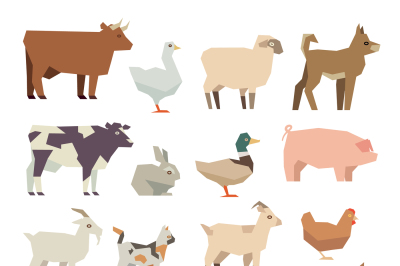 Pets and farm animals vector flat icons set