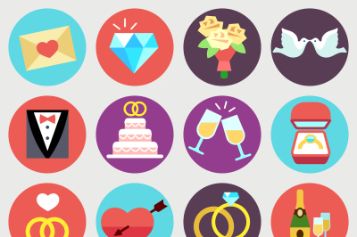 Wedding marriage bridal vector flat icons set