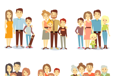Families different types flat vector icons set