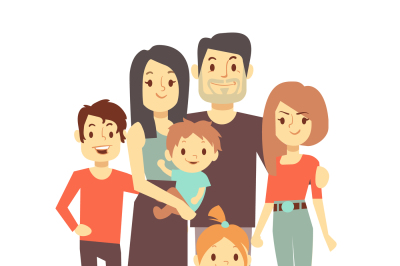 Cute cartoon family vector characters in casual clothes