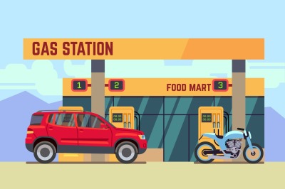 Cars and motorcycles at gas filling station flat vector illustration