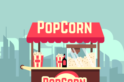 Street food vending cart with popcorn machine vector illustration