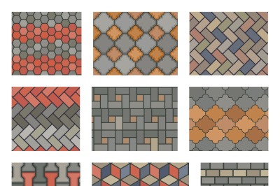 Seamless stone tiles pavement vector set. landscape design elements