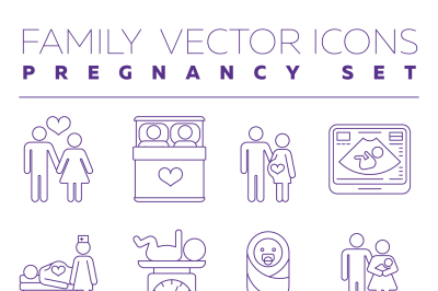 Family health care and pregnancy medicine thin line vector icons