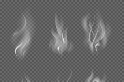 Realistic cigarette smoke waves on transparent checkered background. V