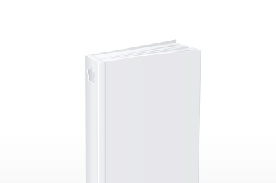 Blank vertical white softcover book standing on table perspective view