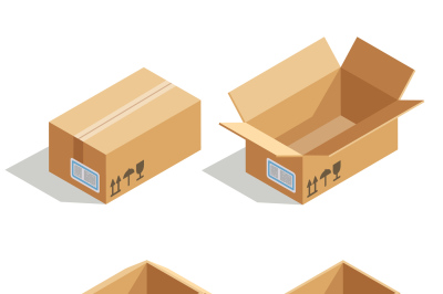 Cardboard boxes opened and closed. 3D isometric vector icons for