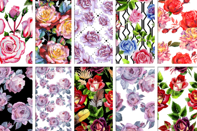 100 patterns of colorful roses JPG watercolor set