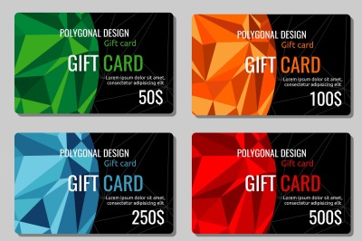 Gift discount cards vector set with multicolor polygonal backgrounds