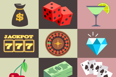 Flat gambling, casino, money, win, jackpot, luck vector icons