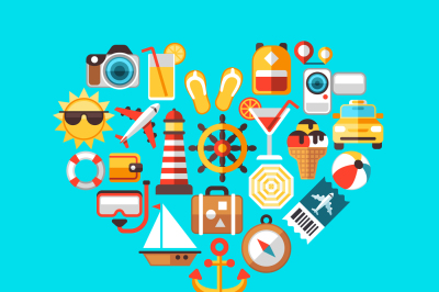 Summer concept with flat beach vector icons in heart form