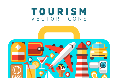 Travel holiday vacation concept with flat tourism vector icons in suit