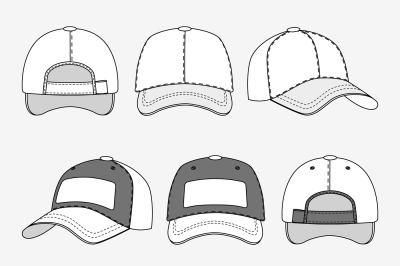 Baseball cap front back and side view outline vector template