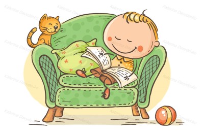 Little child reading a book in an arm-chair with his cat
