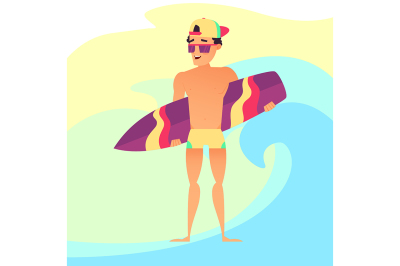 Surfing summer vacation, Surfer guy with surfboard. Cartoon style