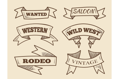 Hand drawn western ribbons. Vintage design elements