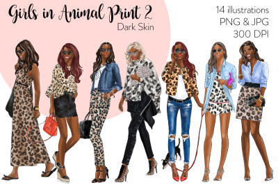 Watercolor Fashion Clipart - Girls in Animal Print 2 - Dark Skin